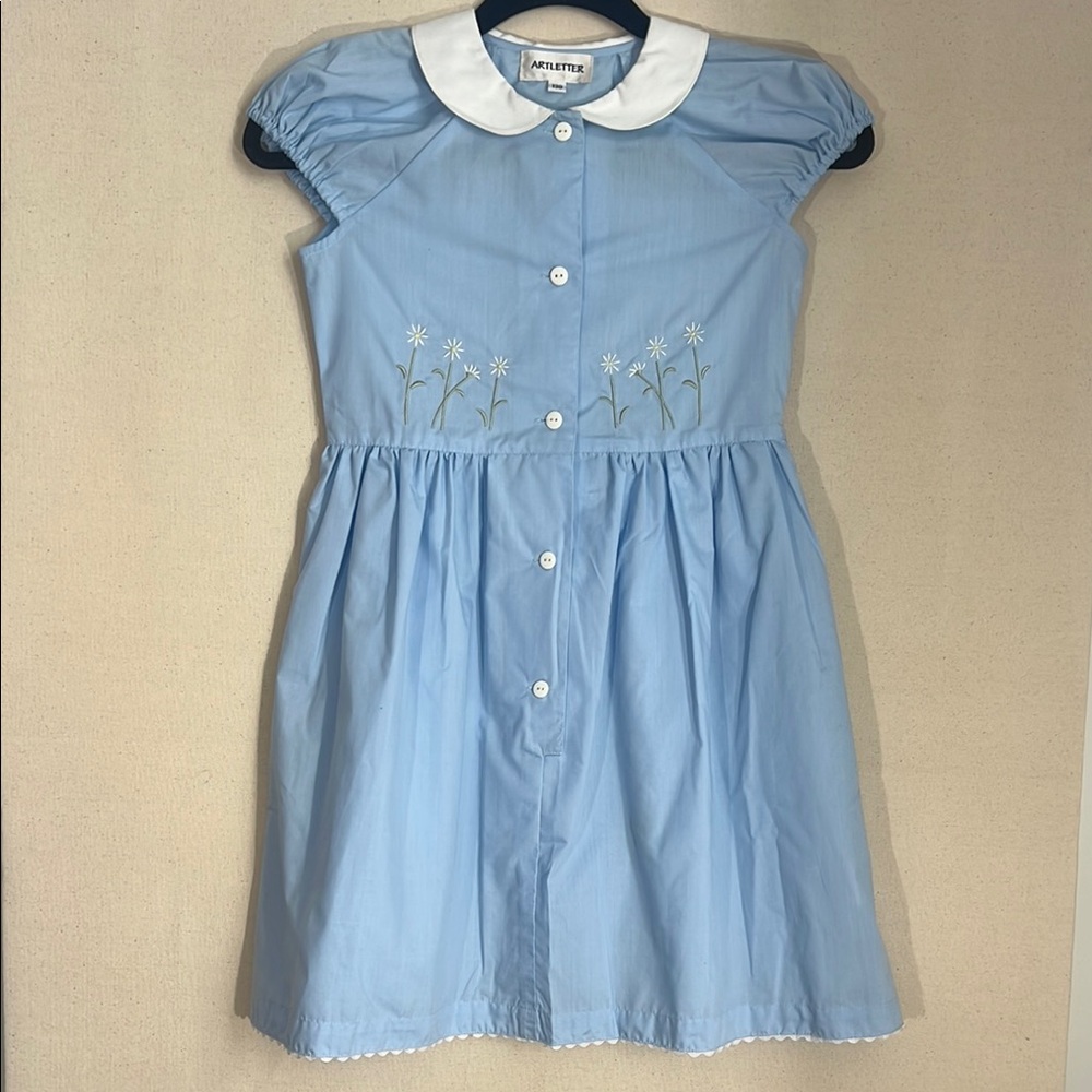 Blue and White Casual Dress with Puff Cap Sleeves and Peter Pan Collar